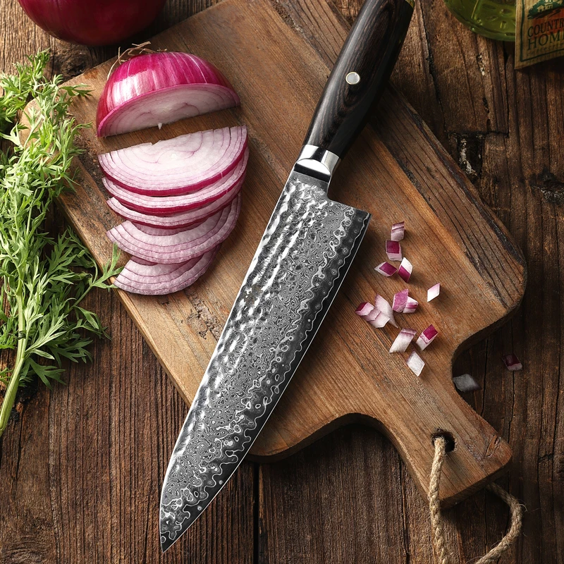 Нож кухонный из дамасской стали Kyokuto 67-слойный V gold 10 8 дюймов |