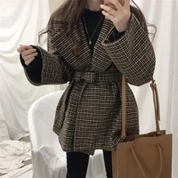 korean fashion version of the houndstooth large lapel thick coat female 2021 autumn winter new small tweed casual suit jacket