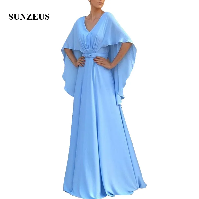 

A-line V-neck Wedding Bridesmaid Dresses With Wrap Sky Blue Chiffon Wedding Party Dress Long robe demoiselle d'honneur