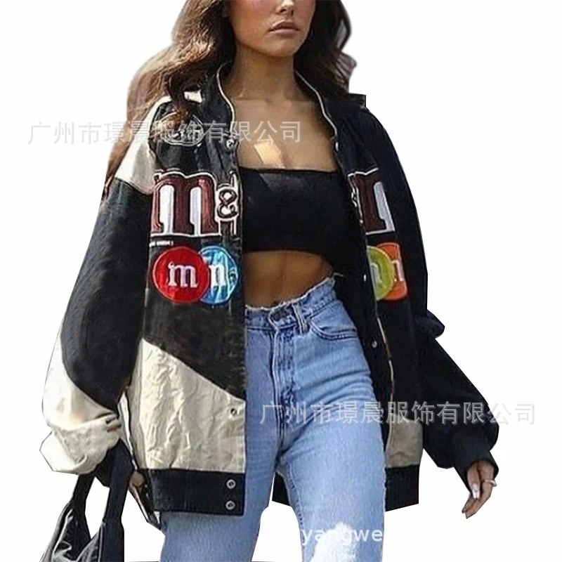 

Women's 2020 winter new print casual loose long sleeve stand collar jacket