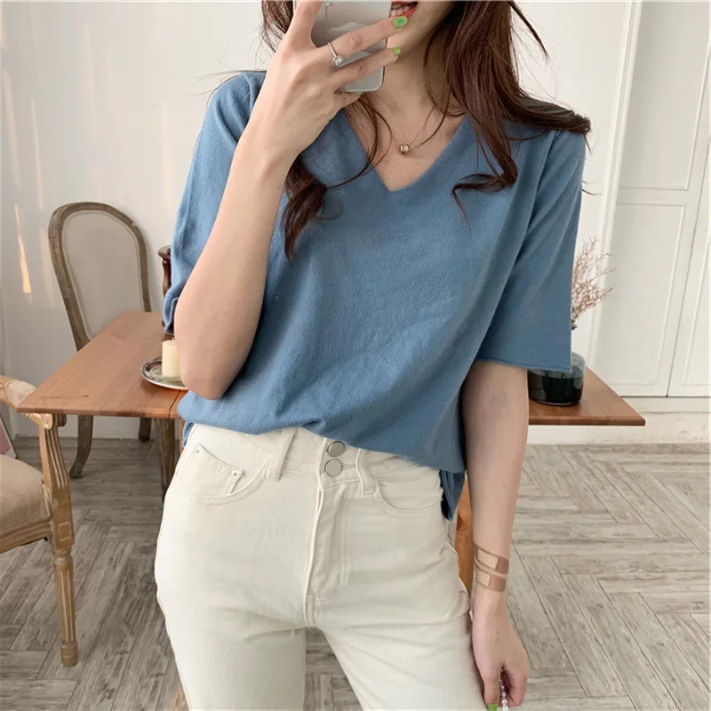 Korean knit solid color short-sleeve ice silk T-shirt Women Tops 2020 Summer T Shirt for Black White Shirts tops | Женская одежда