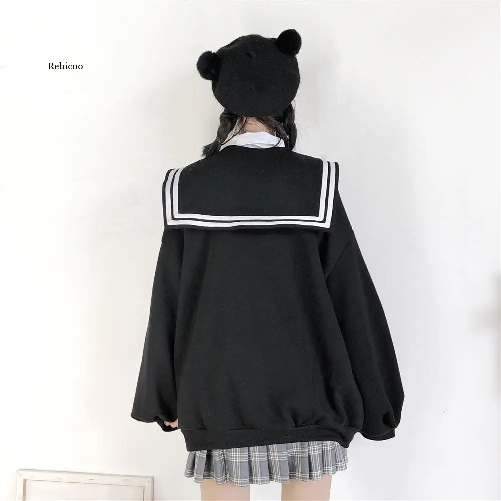 

Striped Sailor Collar Zipper Sweatshirt Cardigan Coat Autumn Winter Fleece Thicken Women Jacket New Top Jumper