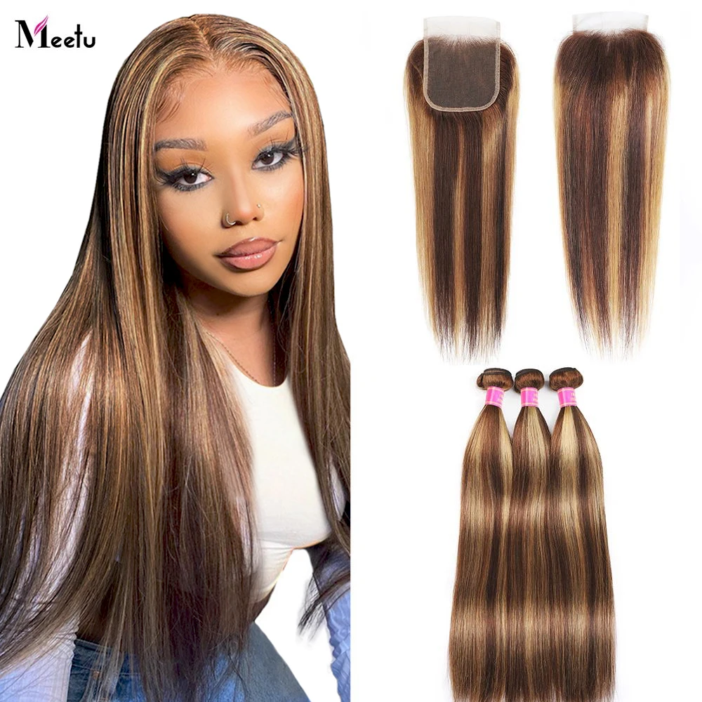 

Meetu Straight Ombre Bundles With Closure 5X5 Closure With Bundles P4/27 Highlight Human Hair Bundles With Closure Remy Hair