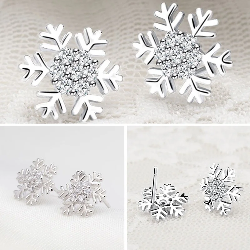 

A-2020 Christmas Stud Earrings Elegant Silver Color Snowflake Luxury Ear Jewelry Small Earrings For Women Wedding Bride Gift