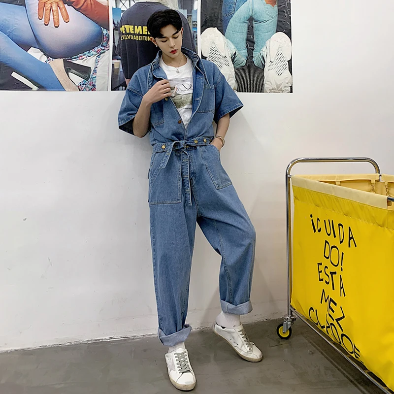 New Blue Cotton Mens Denim Pants Hip Hop Short Sleeve Jeans Overalls Casual Pockets Lace Up Male Jumpsuits Mens Clothing
