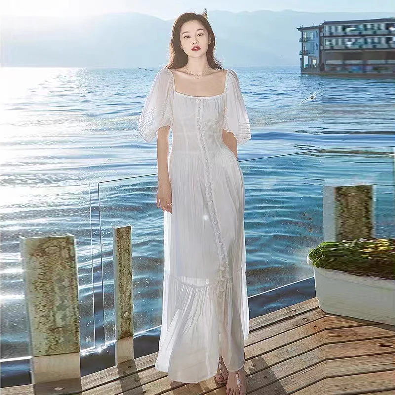 

2021 летнее подиумное новое платье для женщин с квадратным воротником и пышными рукавами, классические длинные женские вечерние платья с обо...