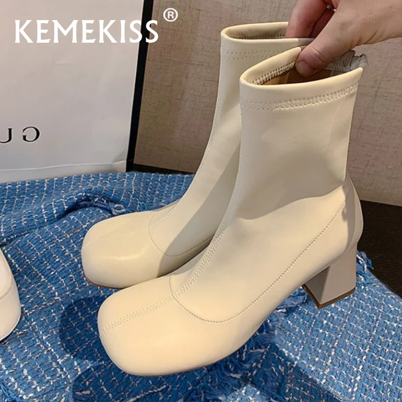 

Kemekiss 2022 Women Fashion Shoes Ankle Boots Thick High Heels Winter Short Boot Cool Outdoor Ladies Footwear Size 34-39