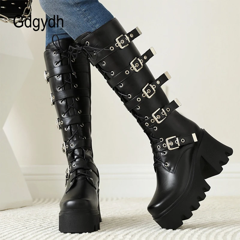 gdgydh brand new hot ins high heels wedges platform shoes women rubber sole fashion ankle boots ankle buckle strap big size 43 free global shipping