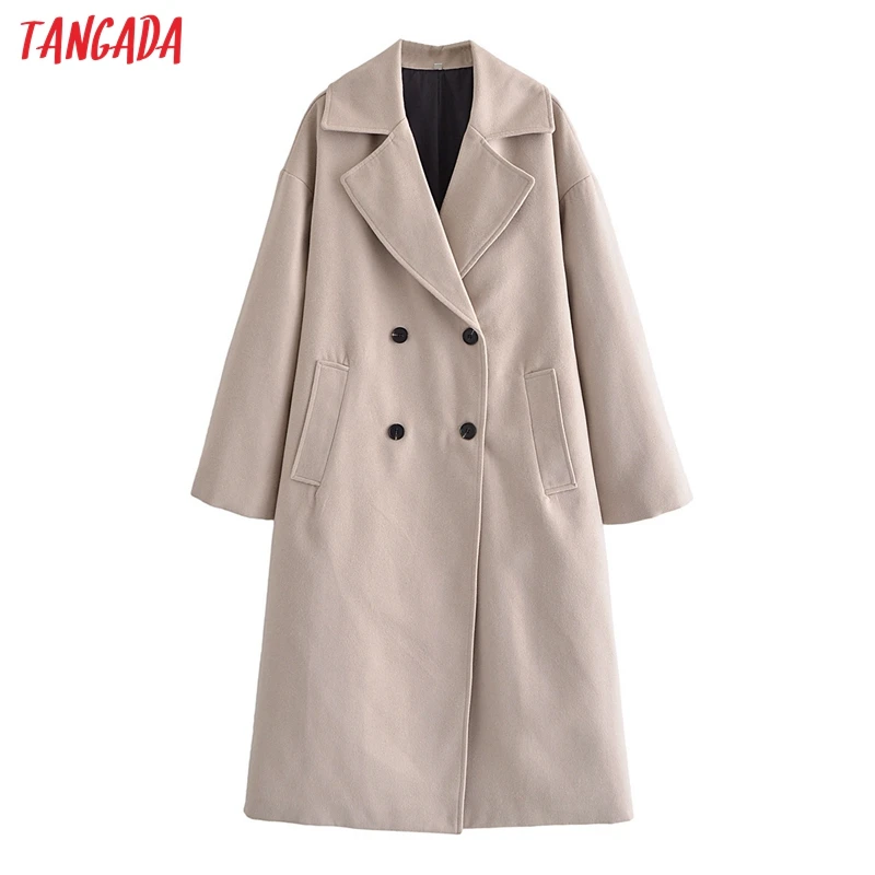 

Tangada Женское зимнее бежевое толстое теплое шерстяное пальто 2021 двубортное офисное женское шикарное длинное пальто с карманами 3W120