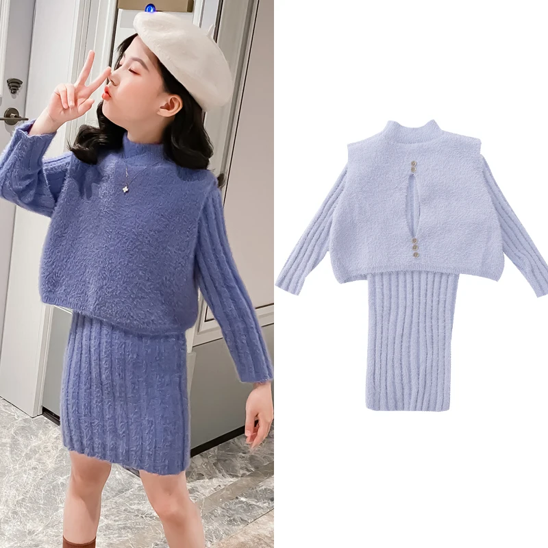 

Girls Clothing set 2020 Winter Autumn Warm Thicken Knitted Sweater Dress Set 2Pcs Children Costume 5-14 Years Kids Girls Clothes