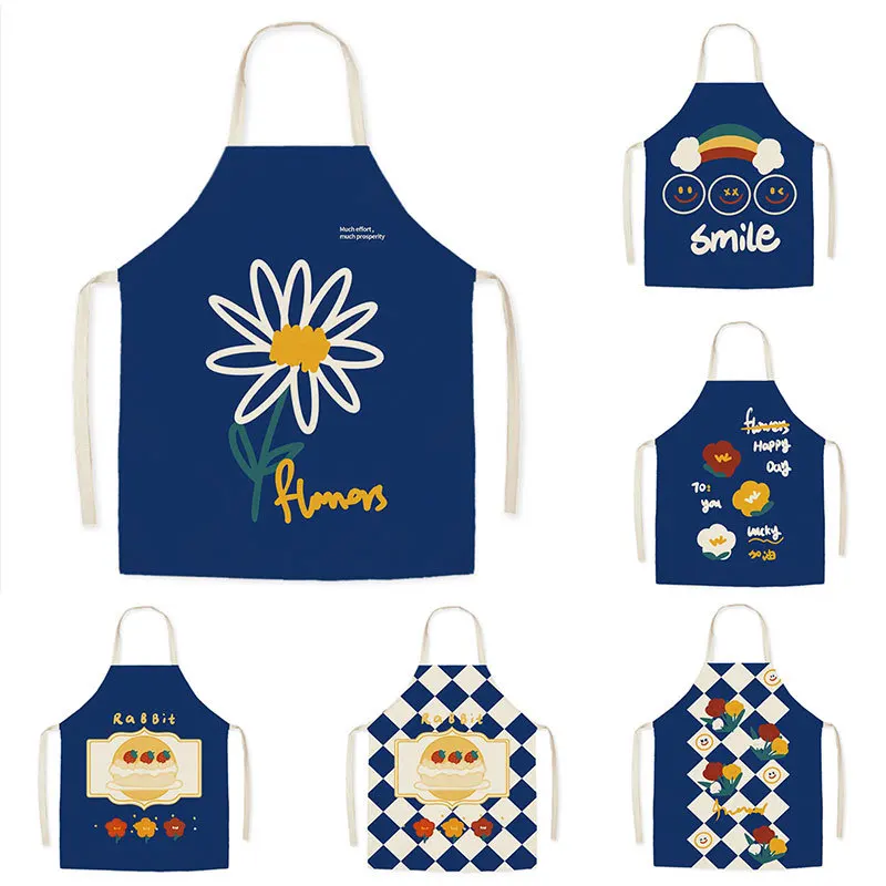 

Youth Cartoon Apron Linen Sleeveless Apron Overalls Blue Home Kitchen