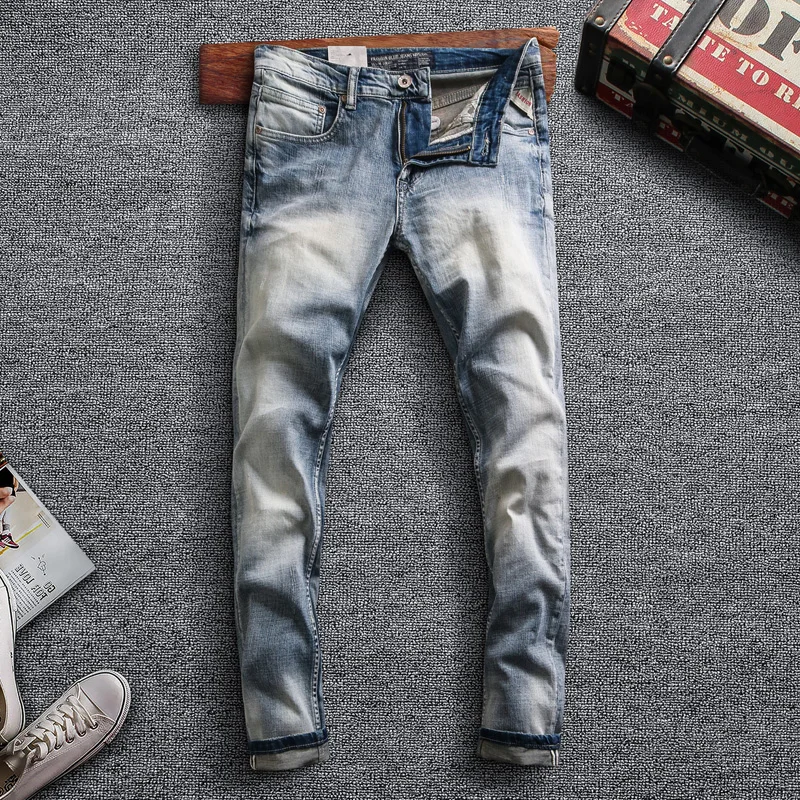 

Italian Style Fashion Men Jeans Retro Light Blue Elastic Slim Fit Casual Denim Pants Vintage Designer Stretch Cotton Trousers