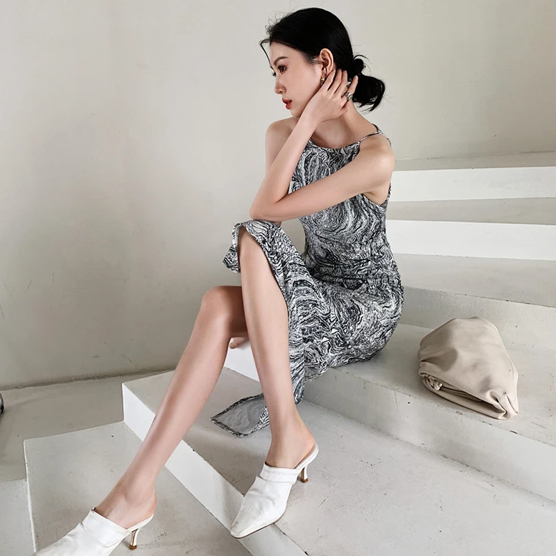 

XIZIHUPAN Vintage Print Dress For Women O Neck Sleeveless High Waist Slim Temperament Midi Dresses Female Summer Fashion Stylish