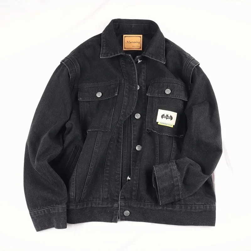 

Korean Vintage Black Denim Jacket Coat Women Autumn Loose Mid Long Student Outerwear Big Pocket Long Sleeve Jeans Jacket Female