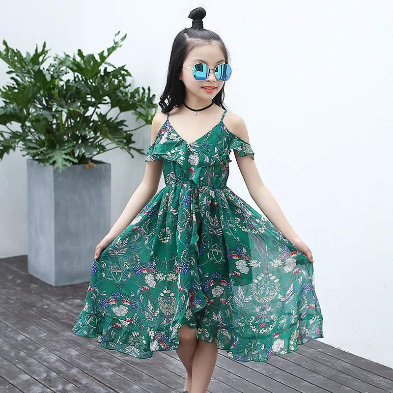 Girls Dress Bohemian 2021 Summer For Floral Sling Beach Sundress Teenage Kids Dresses for 4 6 8 12 14 15 Years | Детская одежда и