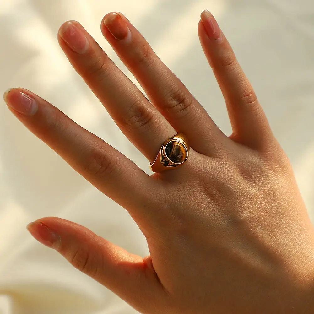

Aesthetic Wedding Rings Brown Black Green Stone Original Stainless Steel Women's Ring Craft Pure Agate PVD Gold Bridal Jewelry