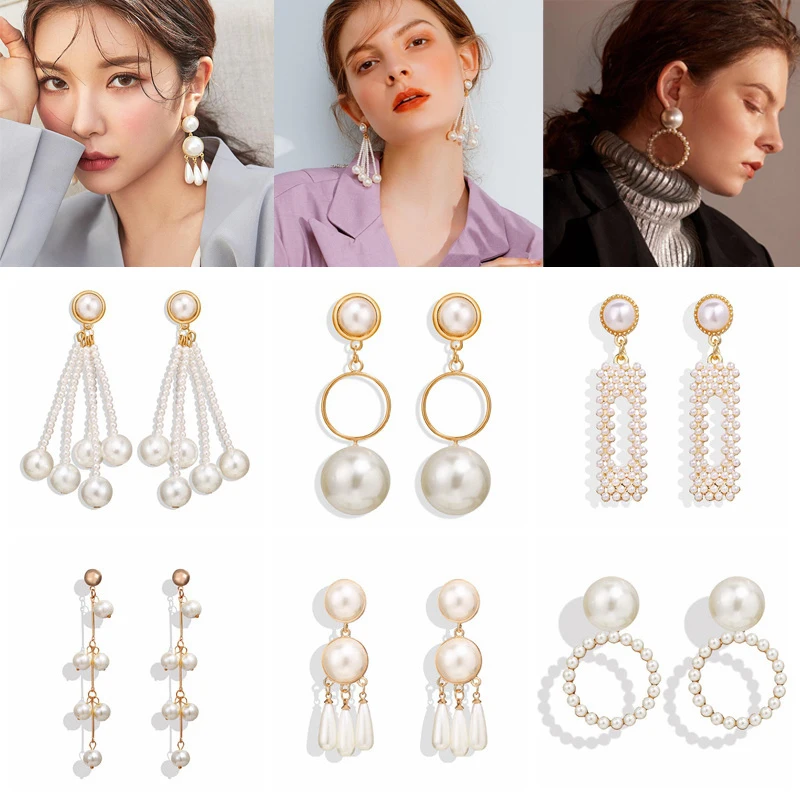 Trendy Elegant Simulated Pearls Long Dangle Earrings For Women Jewelry Pearls String Statement Drop Earrings Wedding Party Gift