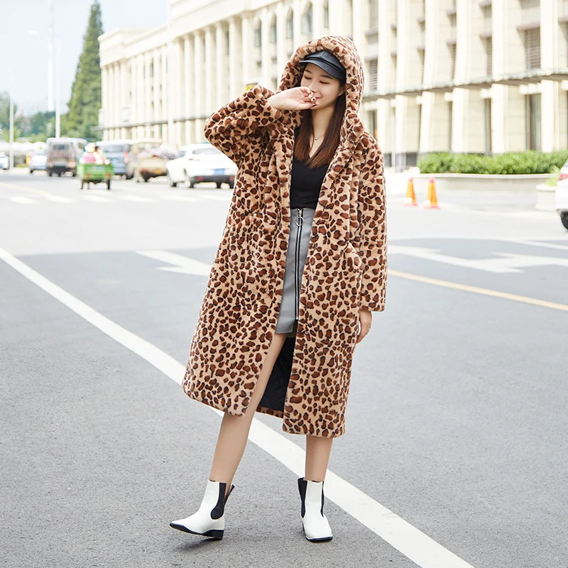 Пальто с искусственным мехом леопардовое длинное пальто капюшоном кроличьим