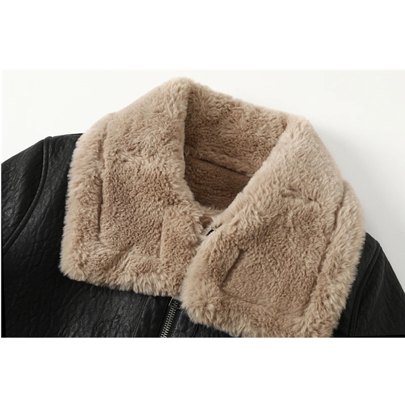Fashion Faux Fur Coat Women Leather Jacket Autumn Winter Warm Plush Thick Outerwear Ladies Wool Fur Collar Zipper Basic Jackets