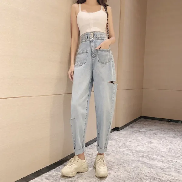

HED 2020 New Autumn Vintage Jeans Woman Long Trousers Cowboy Female Loose Streetwear High-rise Ripped Pants