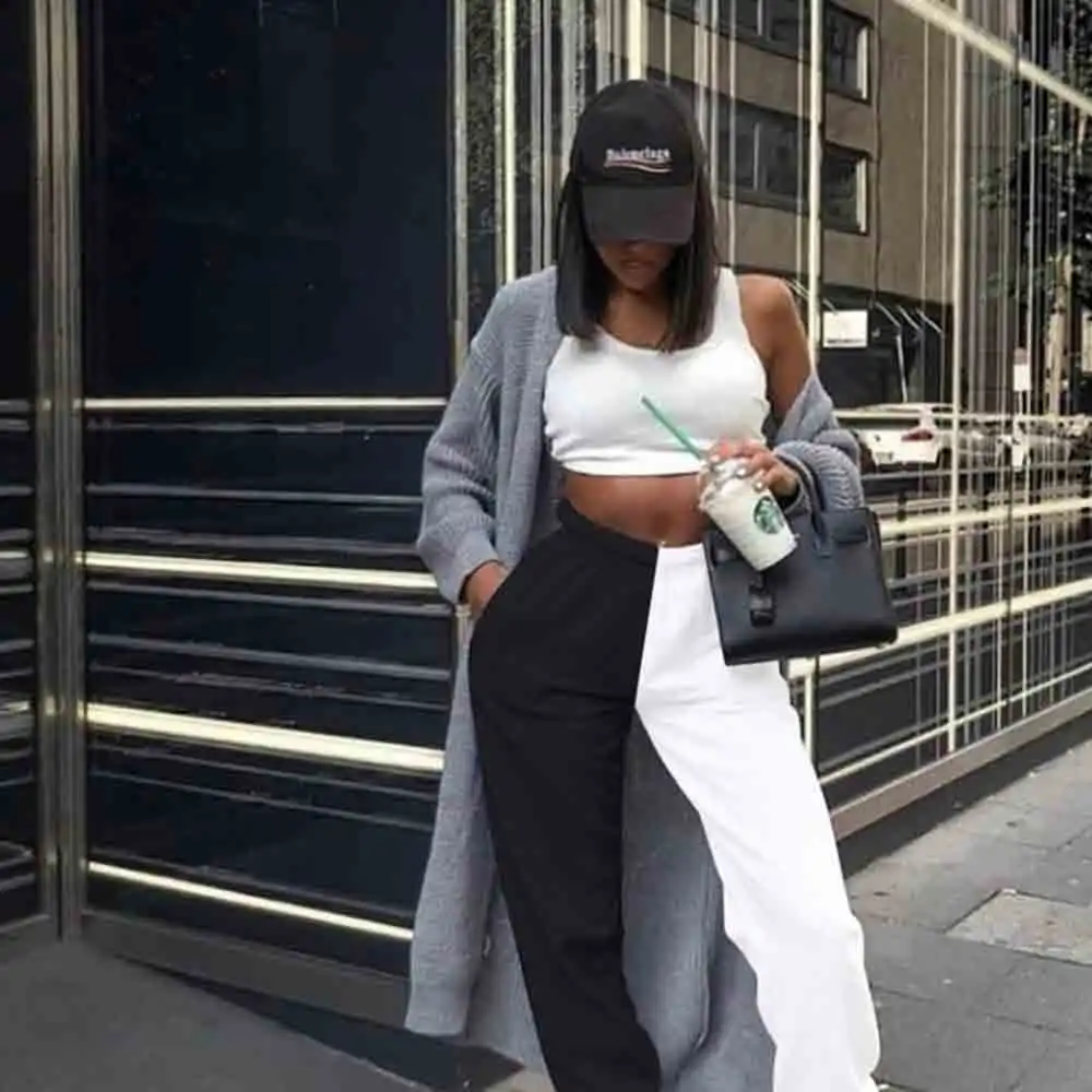 

high waist black&white patchwork sporty harem pants autumn winter women loose casual sporty streetwear trousers