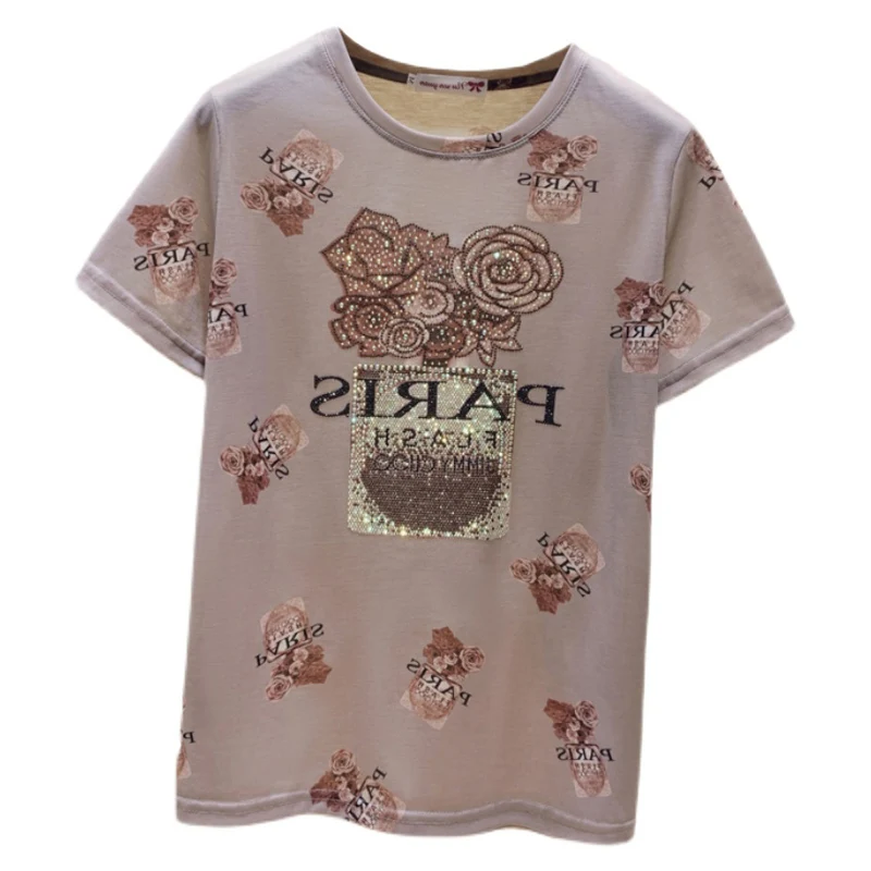 

Hot Chic Flowers Rhinestone Short Sleeve T-shirt Female 2021 Summer Woman Short Sleeve Tees Top Blusas Mujer De Moda 2020 Verano