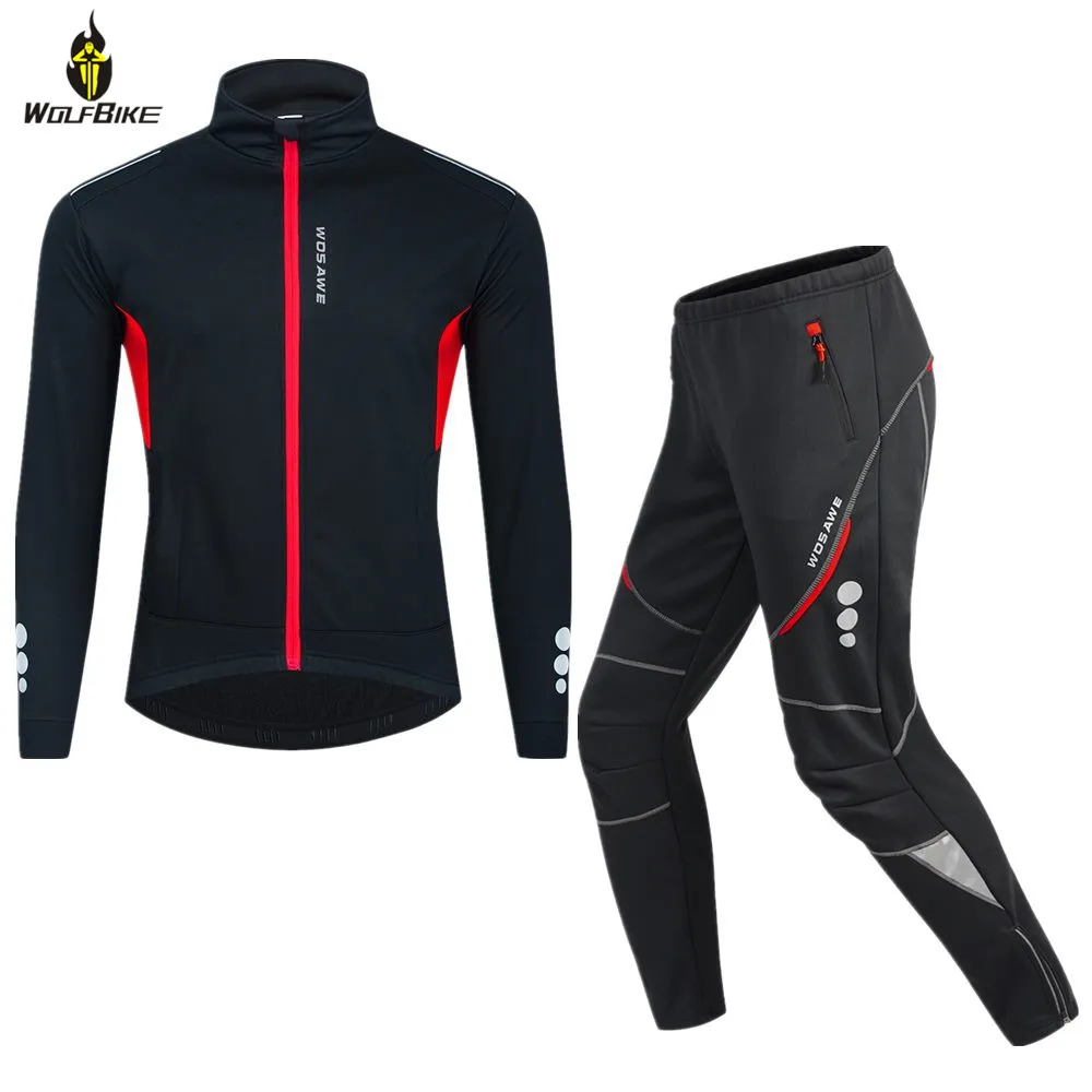 

WOSAWE Winter Men Long Sleeve Cycling Clothing Thermal Fleece Windbreaker Pants Set Windproof MTB Bike Bicycle Jersey Kit