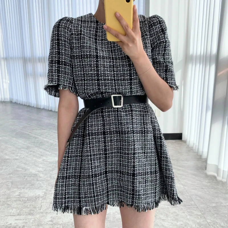 Женское твидовое платье с поясом корейское шикарное элегантное ранней весны