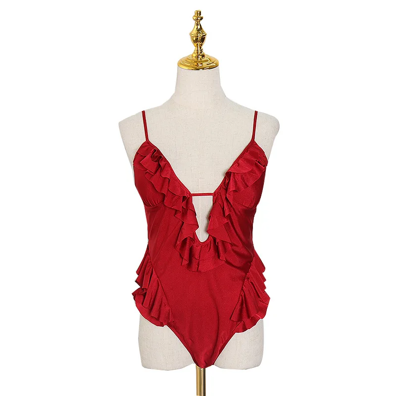 

New hot v-neck wooden ear sexy bikini fashion backless hollow triangle one-piece swimsuit women