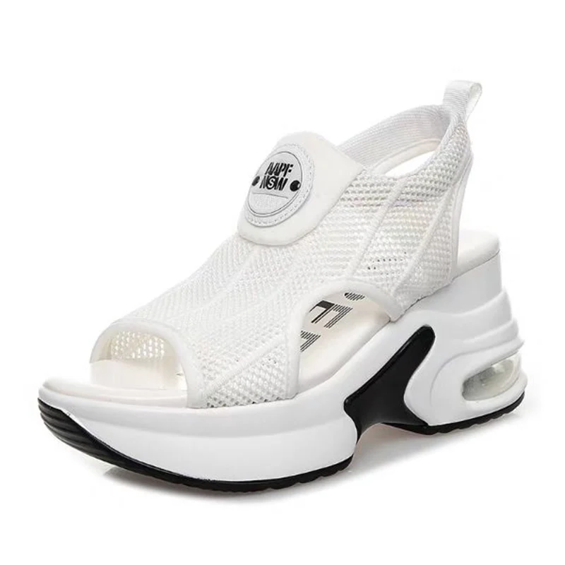 Retro Black Mesh Platform Sandals Korean Peep Toe Hollow Wedges Heighten Shoes 8cm 2022 Summer Non-Slip Air Cushion Tennis Shoes