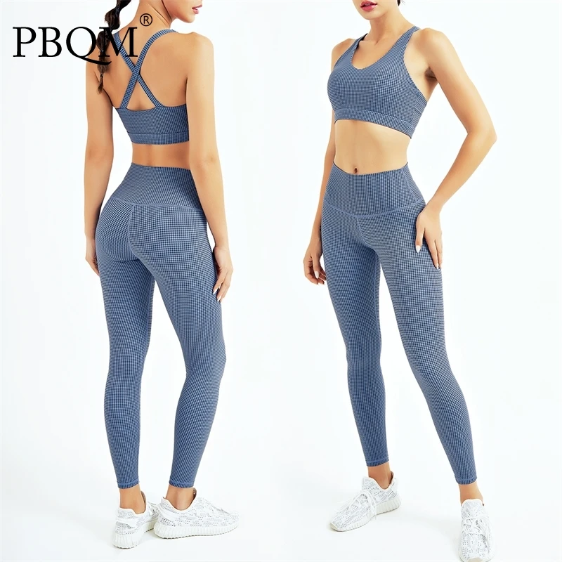 

PBQM спортивный костюм для фитнеса с перекрестной спиной из 2 предметов, обтягивающий костюм для йоги, Женский однотонный дышащий костюм для т...