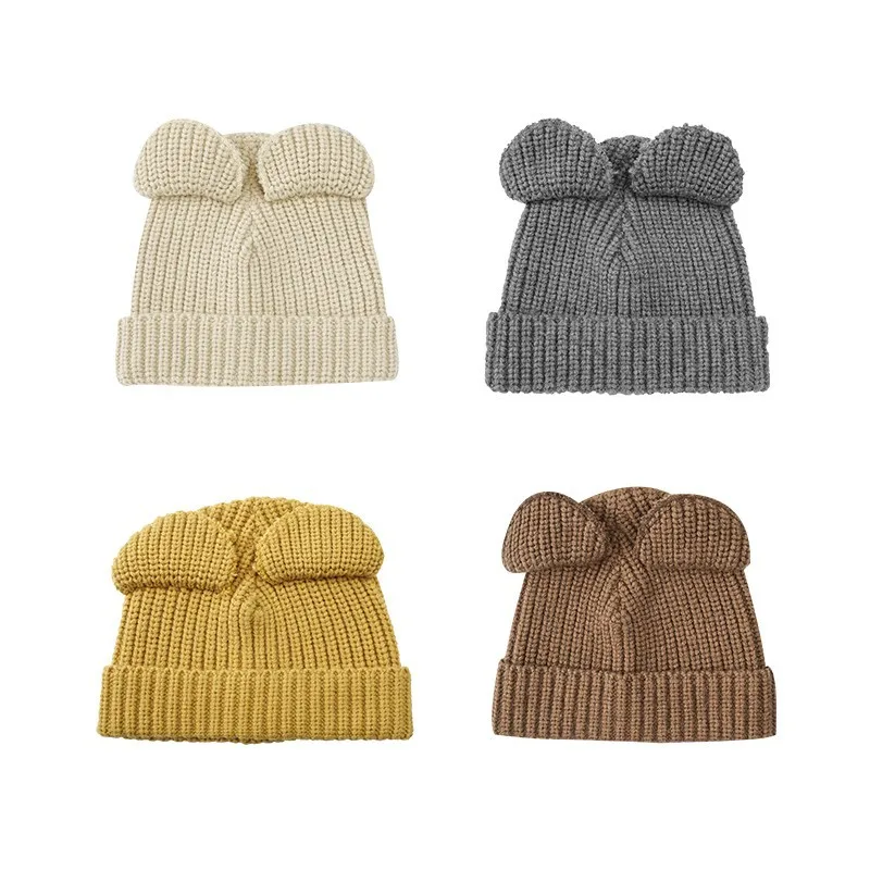 

Детская шапка с милыми ушками медведя HoneyCherry, новая теплая шапка для отдыха, шерстяная шапка с рисунком для малышей, аксессуары для новорожд...