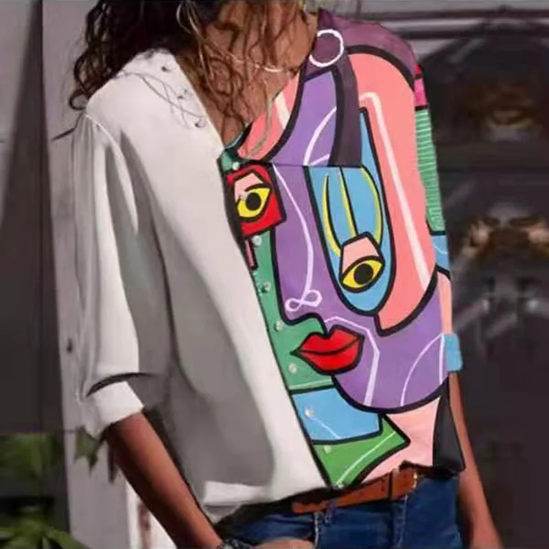 

2021 Women Fashion Pattern Print Tee Shirt Casual Skew Collar Loose Plus Size Tops Spring Button Long Sleeve T Shirts Streetwear