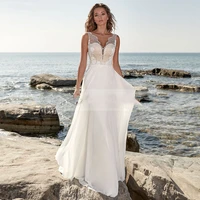 beach chiffon wedding dress 2021 sleeveless v neck lace appliques sweep train summer bridal gown vestidos de novia customize