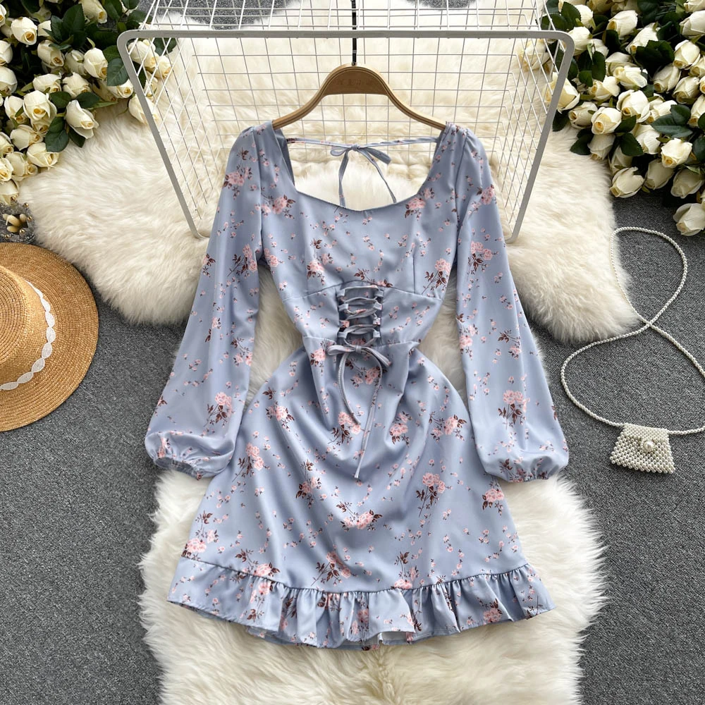 

B533 женское Новое модное ретро короткое платье-трапеция с квадратным вырезом и цветочным принтом на шнуровке вечернее платье с длинным рука...