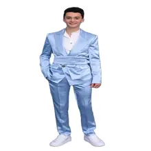 Costume 2 pièces en Satin bleu ciel pour hommes, revers à visière avec ceinture, Tuxedos de mariage, vêtements de fête, Slim Fit Business, vêtements formels à la mode  (1)