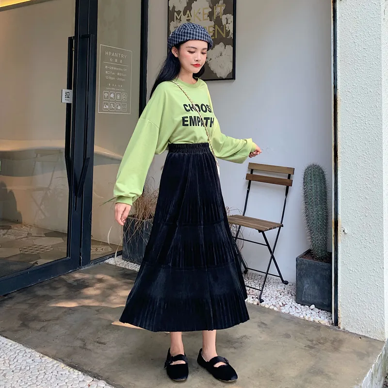 

Autumn Winter Women's Skirts Korean Style Solid Color Stitching Pleated Skirt New High Waist A-line Female Skirt LL787