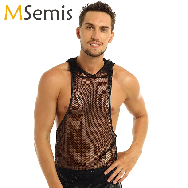 

Sexy Mens Fishnet See-through Hooded Vest Tank Top Clubwear Undershirt Night Club Pole Dance Costume Sexy Tank Tops Gay Clothes