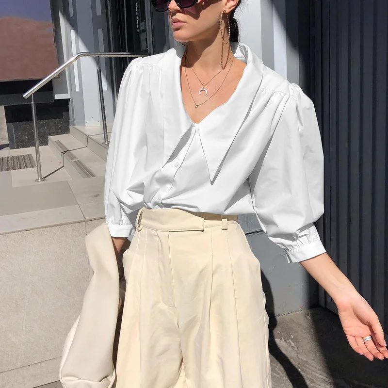 

Bubble Sleeve Loose Turn-down Collar Solid Woman Shirt White Patchwork Buttons Female Shirts Summer Stylish Office Lady Tops