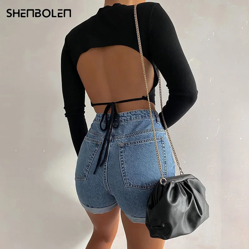 

Women Fashion Long Sleeve V Shape Hem Crop Top Sexy Backless Tied Clubwear Solid Color Autumn Bottoming T-shirt