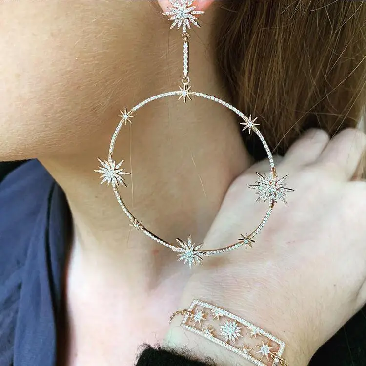 Сверкающие висячие серьги с фианитами в форме звезды европейском стиле большие