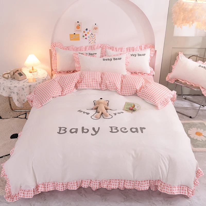 

White Pink Cute Sanding Cartoon Stereoscopic Toy Bear Girl Bedding Set Duvet Cover Bed Skirt Bed Sheet Pillowcases Child's Gift