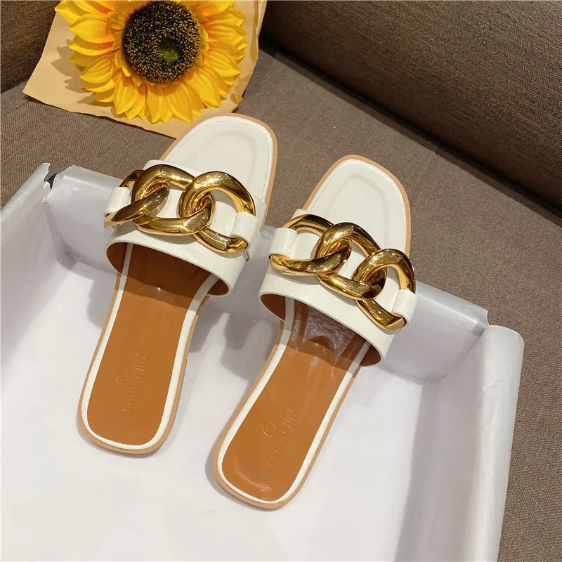 

Flat Summer Women 2020 Slippers Big Chain Candy Color Metal Buckle Flat Heel Beach Sandals