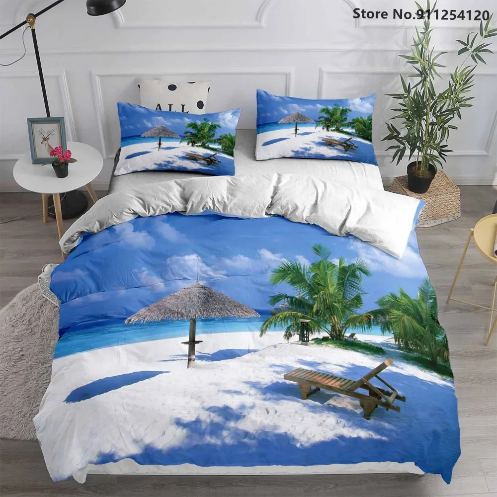 Summer Beach Coconut Bedding Sets Palm Tree Duvet Cover 2/3 Piece Queen King Double Single Bed Sea Scenery | Дом и сад