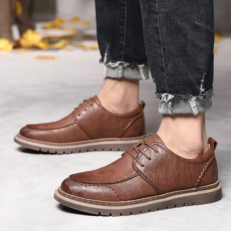 Кроссовки мужские кожаные на шнуровке удобные дышащие Повседневная Молодежная