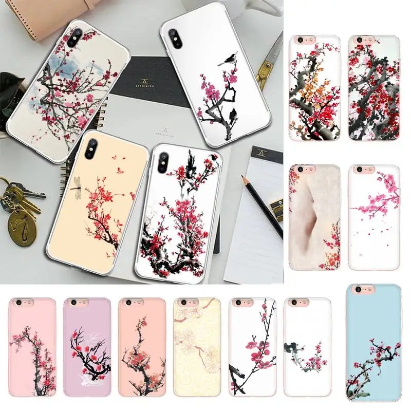 

YNDFCNB Ink Plum Flower Painting Phone Case for iPhone 11 12 13 mini pro XS MAX 8 7 6 6S Plus X 5S SE 2020 XR case