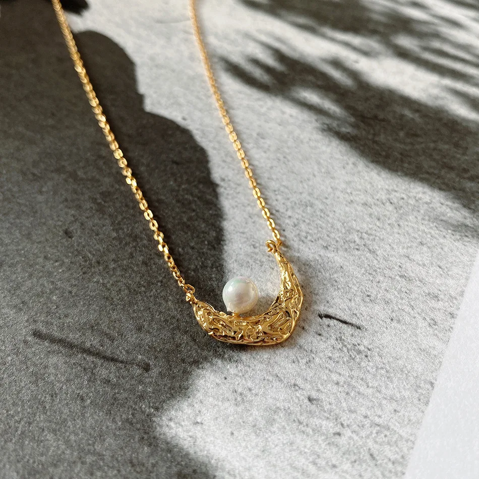 

925 sterling silver waning moon pearl necklace gold geometric necklace simple temperament clavicle chain woman