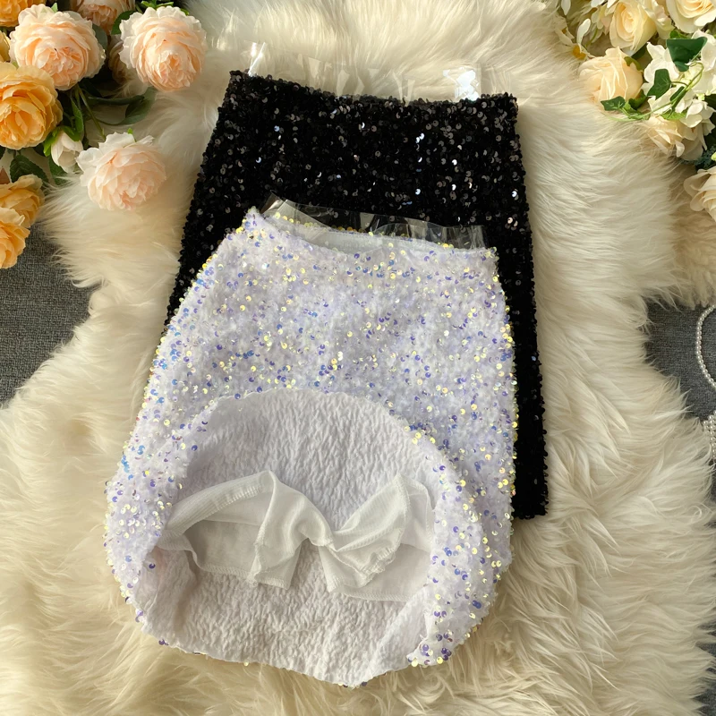 

Woman Skirts A-line High Waist Skinny Skirts Korean Style Office Lady Solid Sequined Slim Female Skirts 2020 Spring Fashion