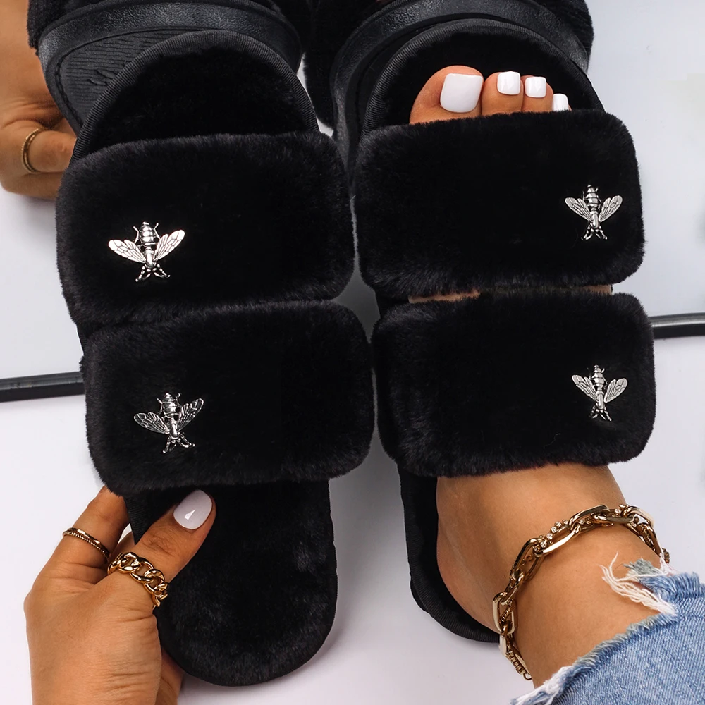 Women's Slippers Silver Metal Cute Insect Fluffy Faux Fur Slides Flat Sandals Custom Winter Slippers Flip Flops Designer Shoes