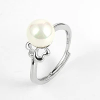women girl white pink purple round shell bead finger ring bow silver plated open adjustable imitation pearl rings jewelry